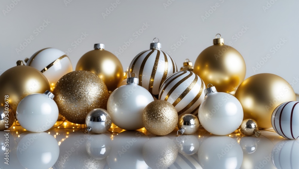 Christmas balls in gold featuring stars against a backdrop. Christmas balls in gold featuring stars against a backdrop.