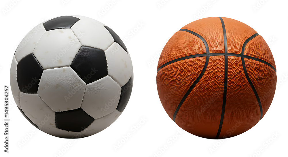 A soccer ball and a basketball are placed side by side against a black background in a studio shot A soccer ball and a basketball are placed side by side against a black background in a studio shot
