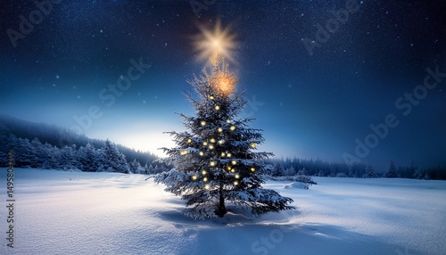christmas tree natural tree in a night winter landscape with snow and light flare
