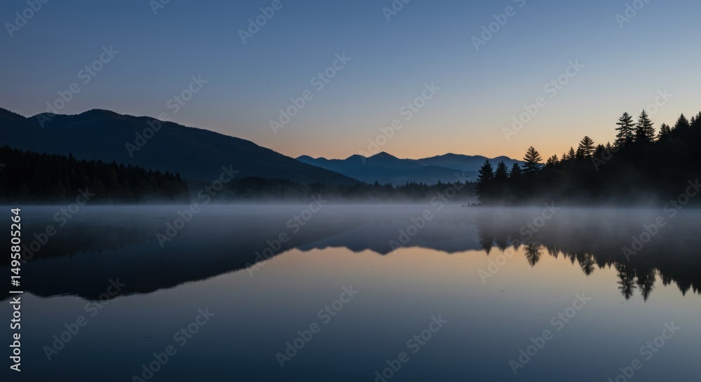Fototapeta premium Serene Lake Reflection at Dawn, Photos