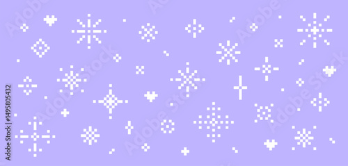 Set of Y2k Pixel Sparkle or Snowflakes set. Simple flat geometry design elements. Purple background. Cross stitch. Scheme of knitting and embroidery. Winter ornament. Retro Pixelated Vector pattern.