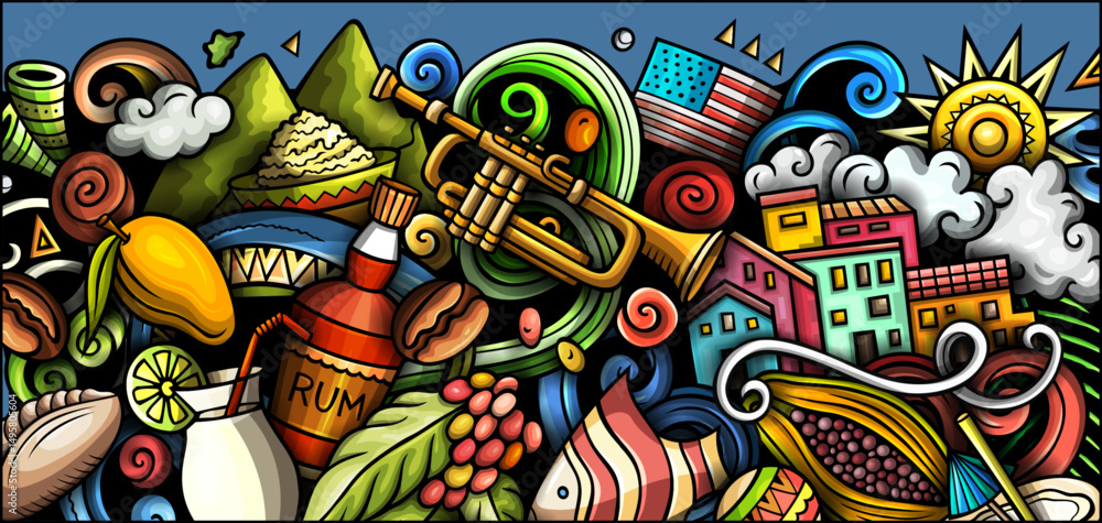 Obraz premium Puerto Rico doodle banner. Cartoon vector whimsical flyer