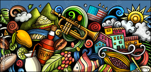 Puerto Rico doodle banner. Cartoon vector whimsical flyer