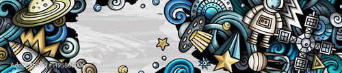 Space doodle banner. Cartoon detailed illustrations.