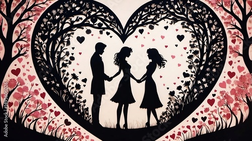 Romantic Love Triangle Silhouette Inside Heart-Shaped Floral Frame