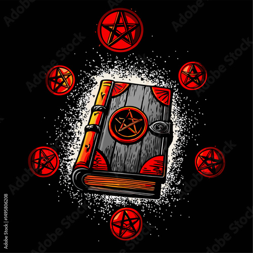 Ancient grimoire with pentagram seals illuminated on black background
