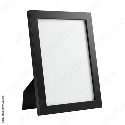 Sleek, black rectangular picture frame angled with blank white insert on a dark backdrop