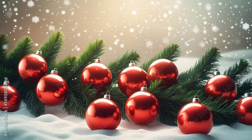 Red christmas ornaments on snowy pine branches Red christmas ornaments on snowy pine branches