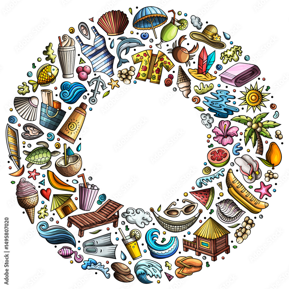 Fototapeta premium Set of Summer Beach cartoon doodle objects. Round frame composition
