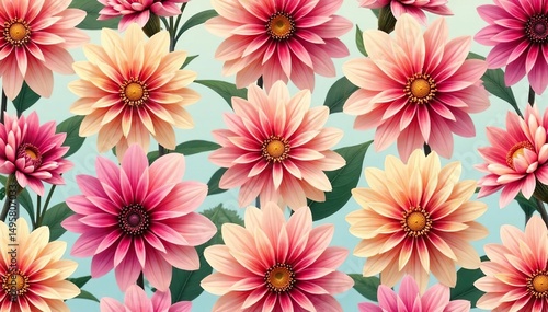 Geometric dahlia repeat, stylized blossoms, elegant design, digital, seamless