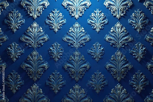 Wallpaper Mural Symmetrical damask pattern with bold swirling lines in deep blue and silver , seamless, brocade Torontodigital.ca