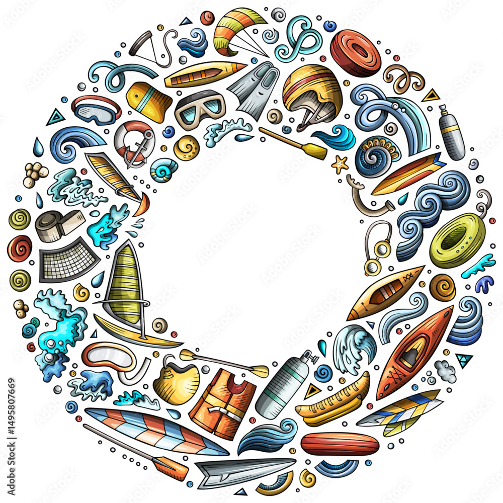 Fototapeta premium Set of Water Sport cartoon doodle objects. Round frame composition