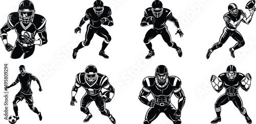 Collection silhouettes of different men and women performing various sports activities, playing basketball, volleyball, tennis, soccer, football. Vector illustrations isolated