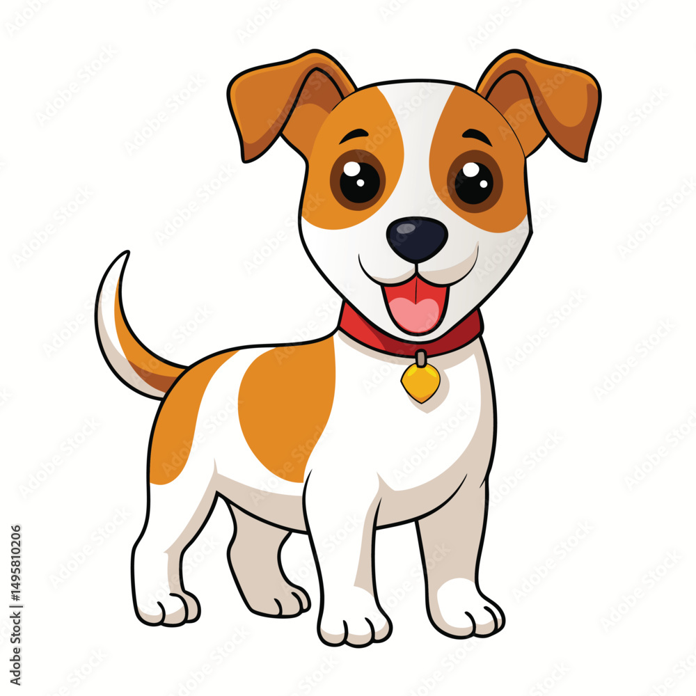 Fototapeta premium A happy Jack Russell Terrier puppy with brown and white markings and an orange collar stands with its tongue out with white background