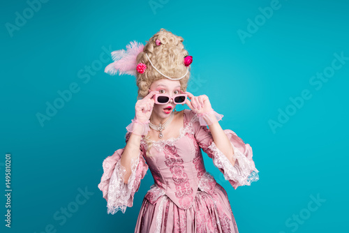 Photo of young aristocratic woman touch sunglass look wear baroque dress isolated on teal color background