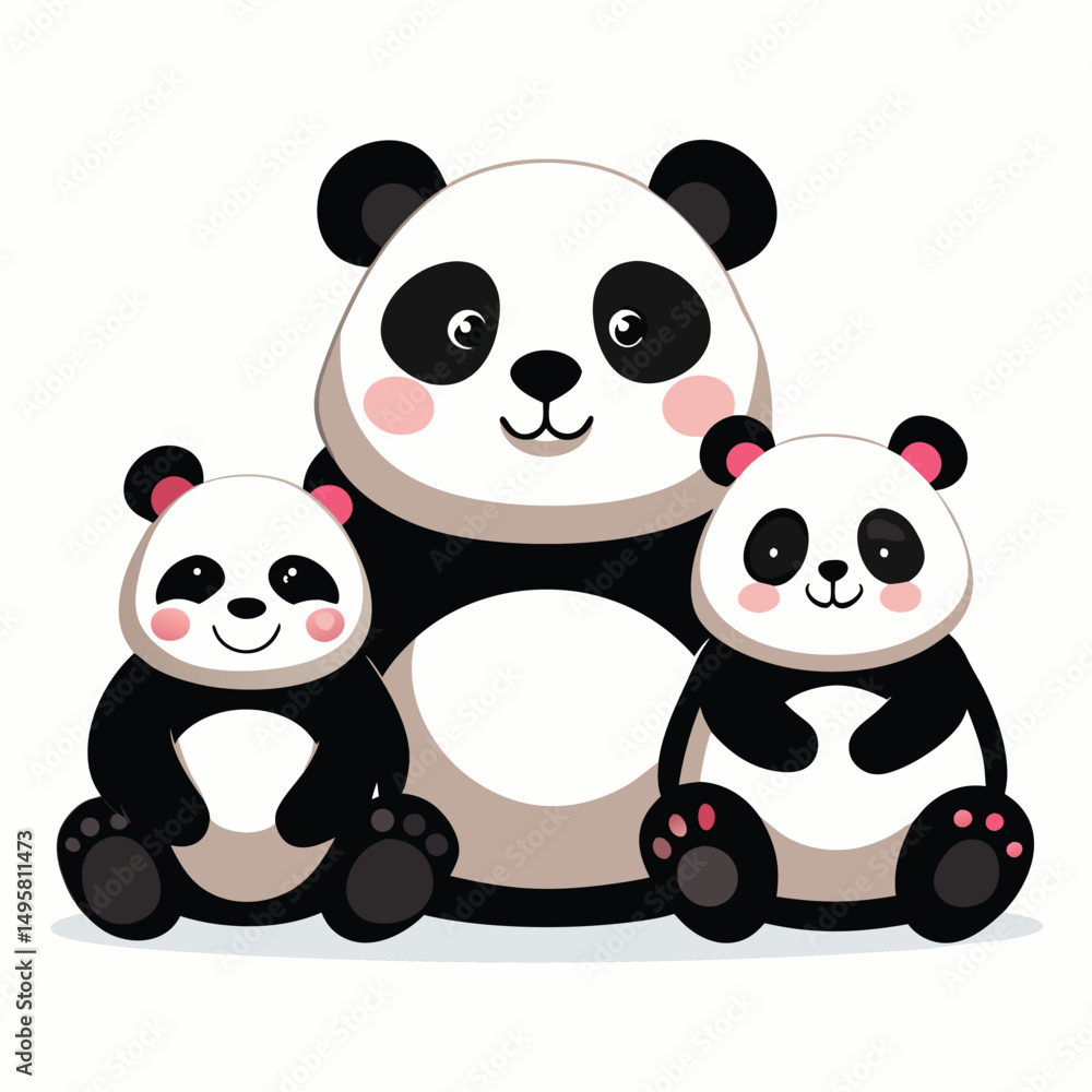 Naklejka premium A heartwarming scene of three pandas of different sizes sitting together with white background