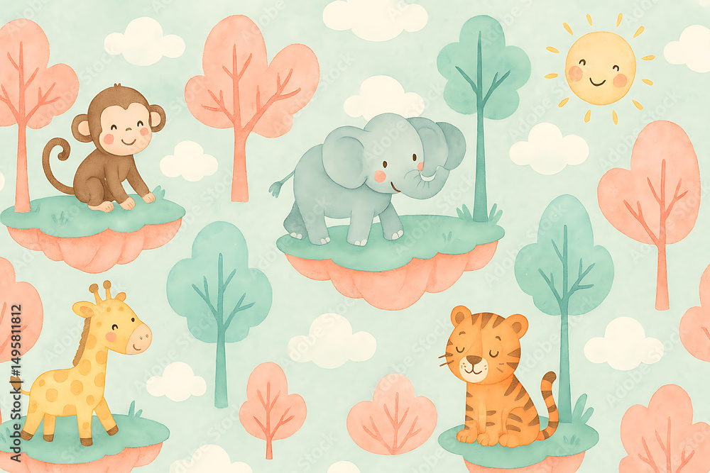 Fototapeta premium Watercolor jungle animals floating amongst trees
