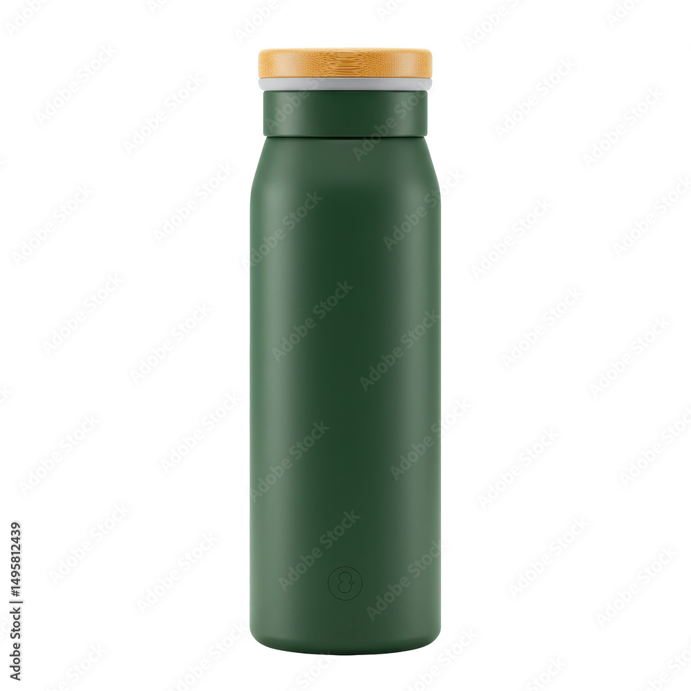 Cylindrical green bottle with a wooden lid, standing upright on a black background Cylindrical green bottle with a wooden lid, standing upright on a black background