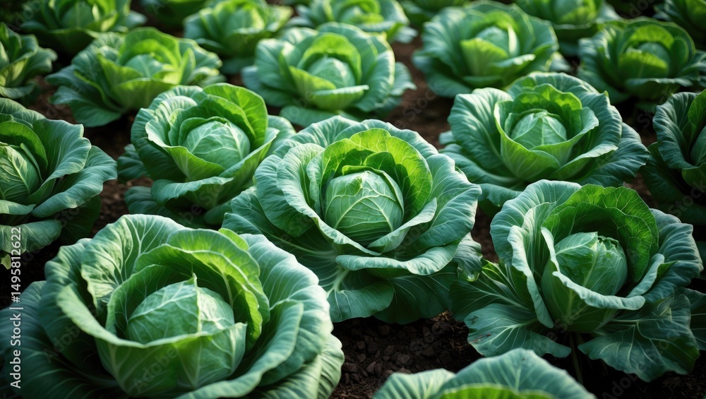 Fototapeta premium Close-up shot of healthy green cabbage, emphasizing the vivid leaves and organic texture.