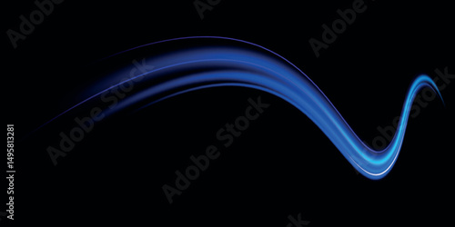 Blue light trail, wave speed, trace line twirl. Abstract light lines of movement and speed with white color glitters
