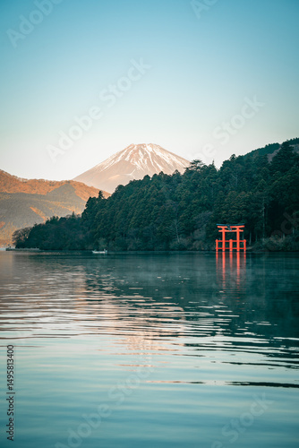 Fishing Boat on Lake Ashi with Mount Fuji