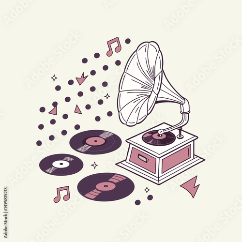 Vintage Gramophone with Records and Musical Notes Illustration