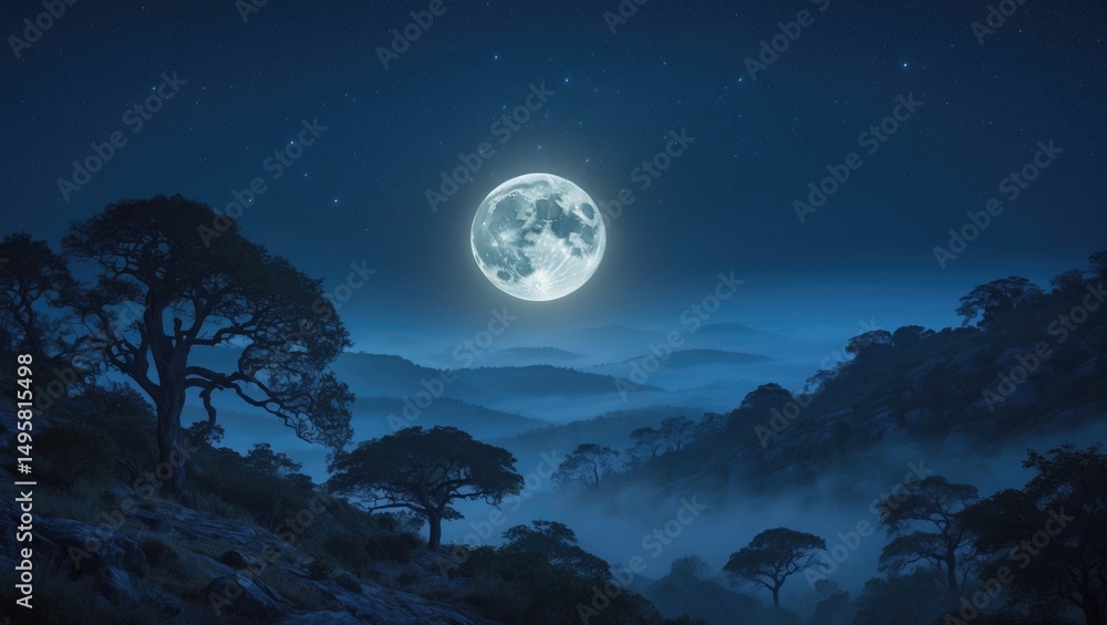 Naklejka premium This breathtaking scenario consists of a magnificent night sky, a full moon, and realistic natural surroundings.