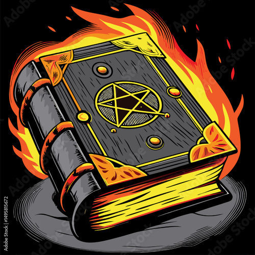 Flaming grimoire ancient spellbook with pentagram