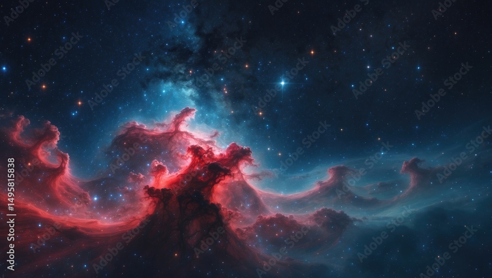 Fototapeta premium Scarlet and cobalt nebula amidst a field of stars