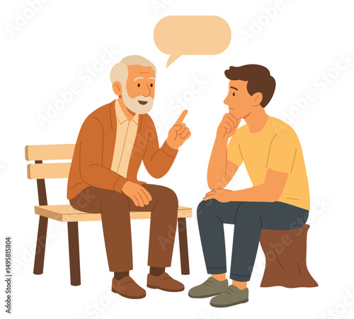 The old man gives advice to the young man flat vector illustration