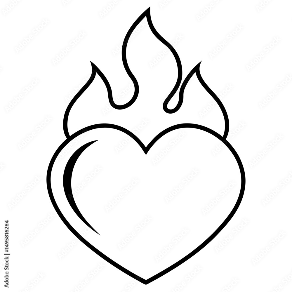 Heart with fire line art black icon on white background. Heart with fire line art black icon on white background.
