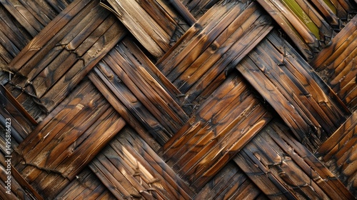 Filipino nipa hut ceiling structure, close-up, bamboo weaving and palm thatch, warm tropical tones