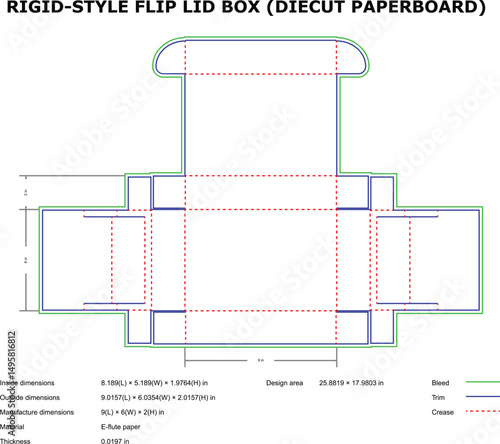 Diecut paperboard rigid style flip lid box template