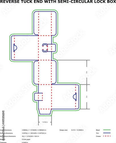 Reverse tuck end semi circular lock box diecut template