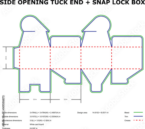 Side opening tuck end snap lock box diecut template