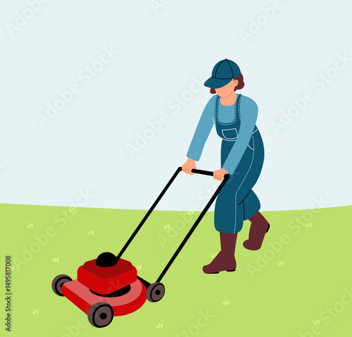 A woman cuts grass with a lawn mower