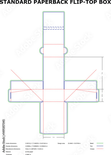 Standard paperback flip top box diecut template design