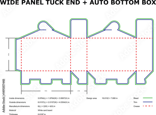 Wide panel tuck end auto bottom box diecut template