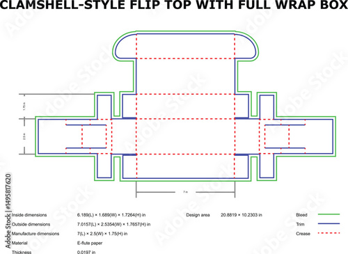 Clamshell style flip top full wrap box diecut template