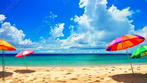 Cartoon-Style Beach Scene with Bright Umbrellas and Clear Blue Sky