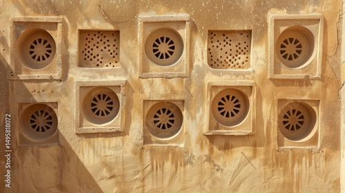 Iranian windcatcher structure top, flat lay, sand-colored adobe with geometric air vents, desert light