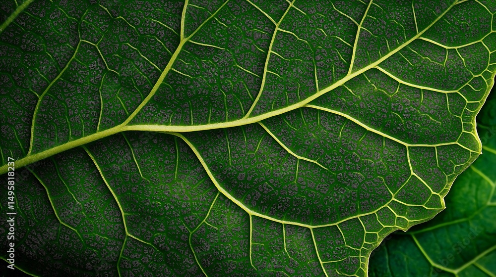 Obraz premium An extreme close-up of a vibrant green leaf, showcasing intricate vein patterns.