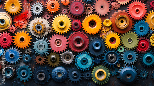 Colorful Gears and Cogs Arrangement on a Rustic Background