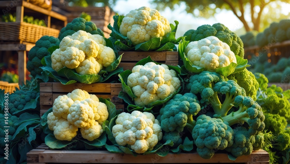 Obraz premium Organic green and white cauliflower heads in crates