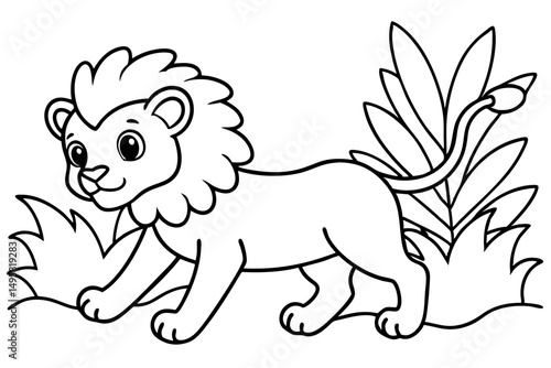 Happy lion cub dashing playfully through the jungle