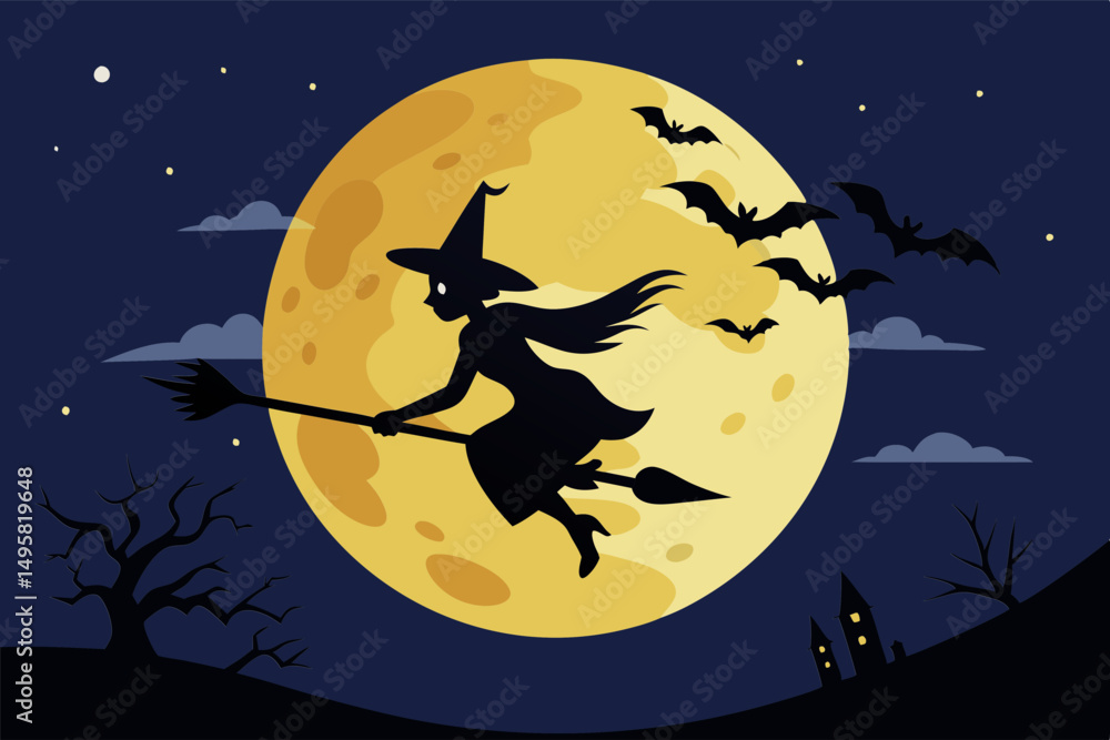 Magical witch on broomstick under a full moon sky Magical witch on broomstick under a full moon sky