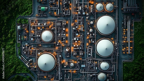 Aerial view of a modern industrial complex showing chemical plants and storage tanks photo