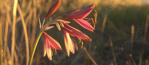 Blooming pink flower in sunset light with blurred grassy background landscape