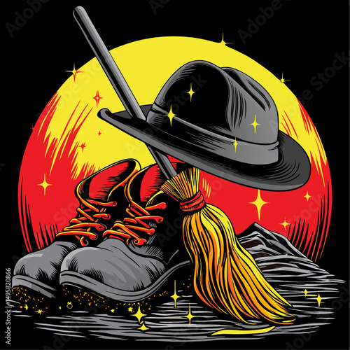 A scout s journey boots hat and broom against a sunset