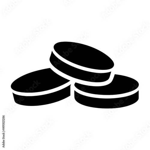 Three black hockey pucks stacked together on a white background image